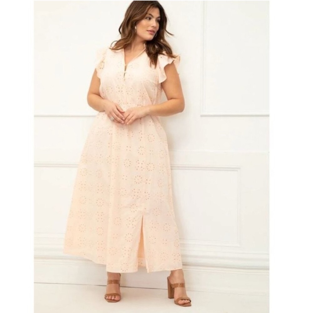 ELOQUII Elements Peach Maxi Eyelet Dress Plus Size 16